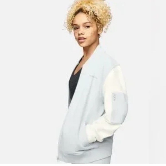 BNWT Outdoor Voices Light Blue and Cream Bomber Jacket small hole in back - Picture 1 of 8